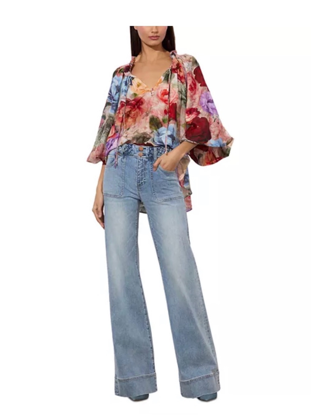 Alice + Olivia Norah Peasant Blouse in Multicolor Floral Size Medium - Picture 2 of 7